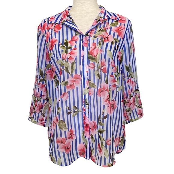 TALBOTS Floral Button Down Blouse Size Large Petite Business Casual Lightweight - Picture 1 of 5